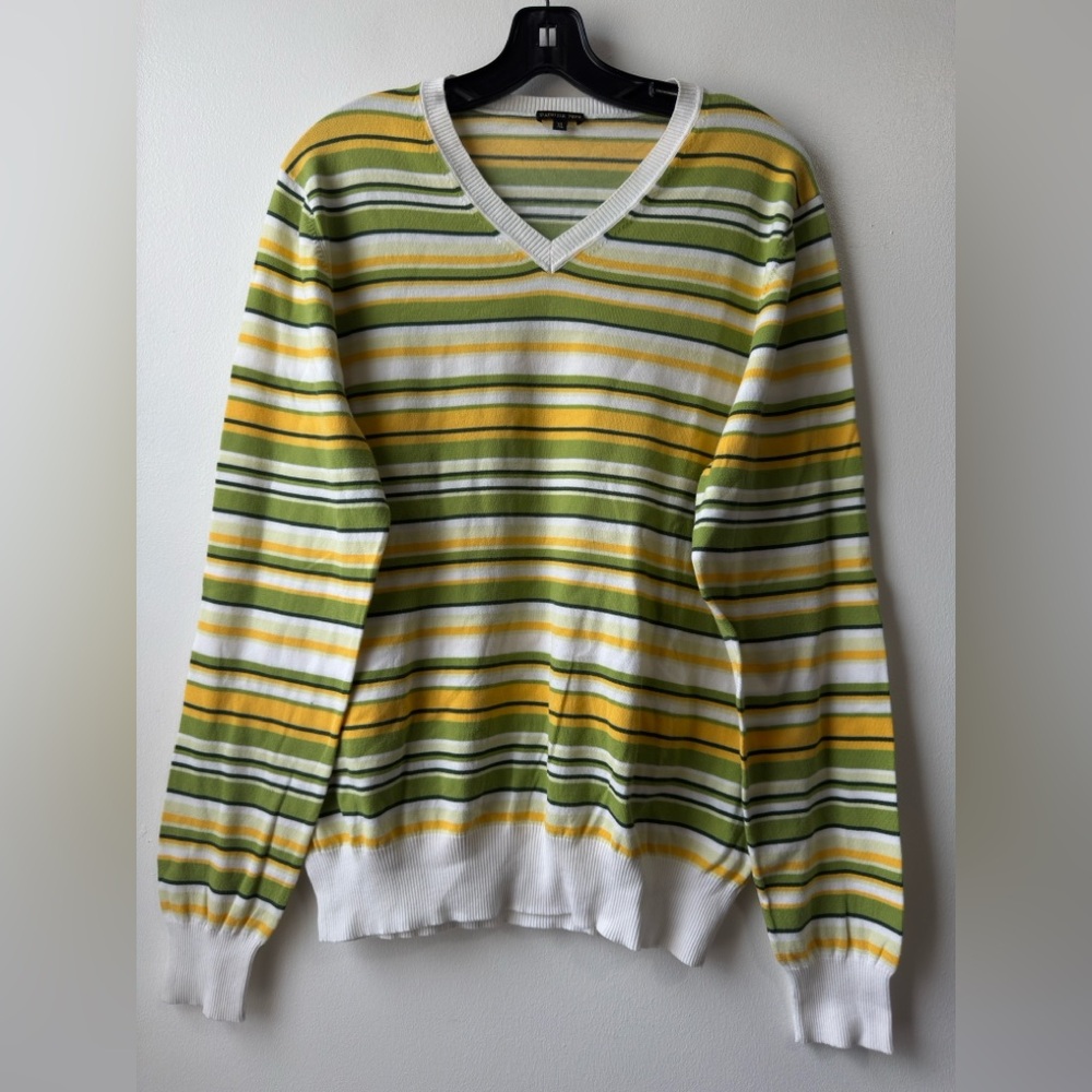 Patrizia Pepe Yellow and Green Striped V-Neck Sweater